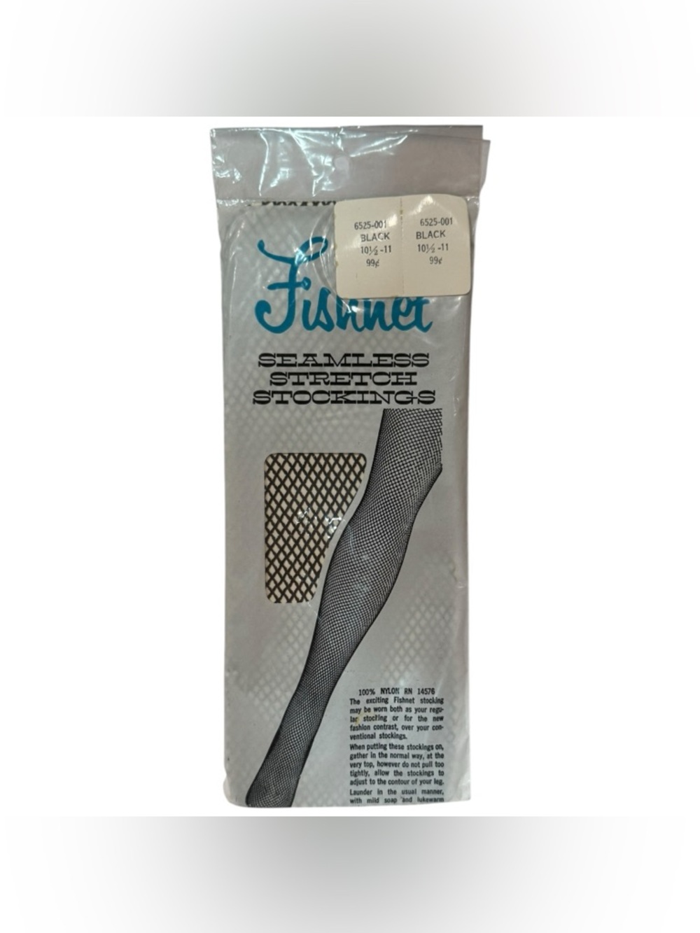 Vintage Fishnet Seamless Stretch Stockings Black NOS 1960s 1970s Size 10.5-11